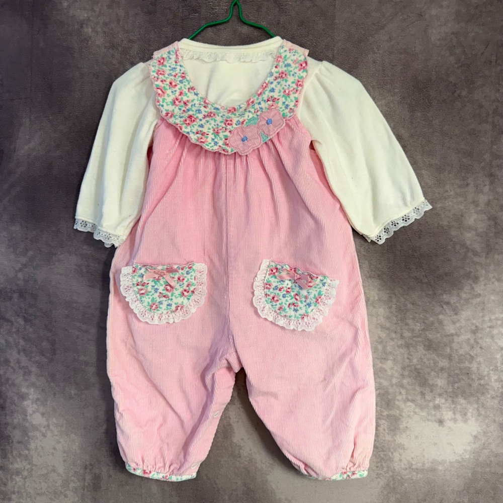 Vintage Baby Girl Pink Corduroy Floral Jumpsuit 6-9 Months M62622 Lace Trim